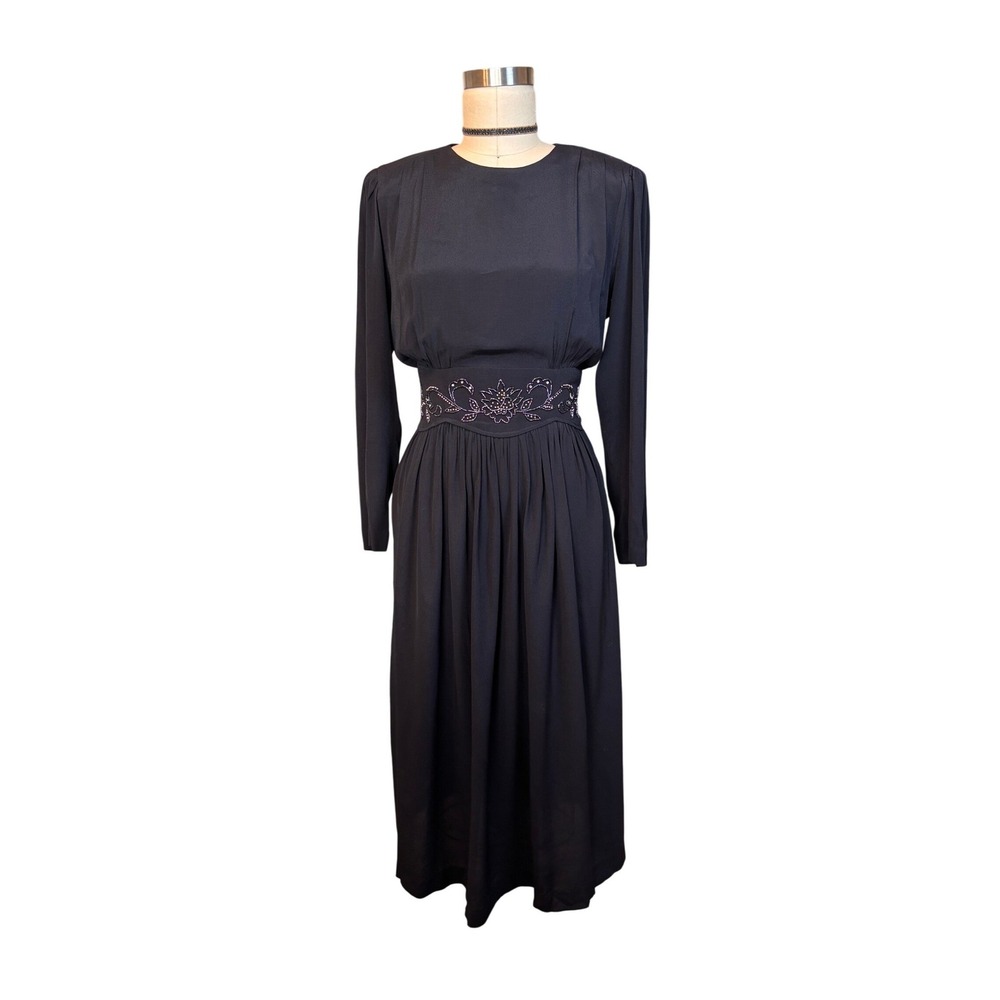 Vintage Beaded Floral Waist Karin Stevens Midi Dress 10 Black